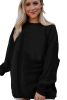 Black Solid Color Crinkle Rib Oversized Sweatshirt