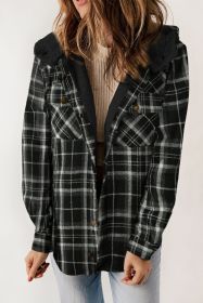 Black Snap Button Sherpa Lined Hooded Flannel Jacket (size: (US 16-18)XL)