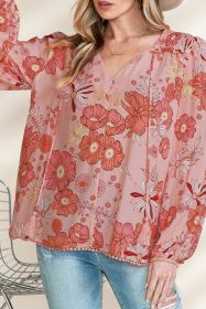 Multicolor Floral Print Lantern Sleeve Boho Peasant Blouse (size: (US 16-18)XL)