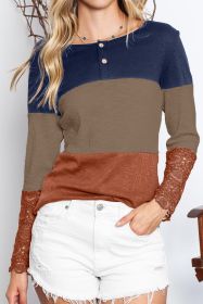 Color Block Ribbed Lace Crochet Sleeves Henley Shirt for Women (size: (US 16-18)XL)