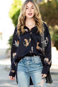 Black Animal Print Button Up Satin Shirt (size: (US 16-18)XL)
