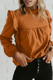 Camel Ruffle Solid Color Pleated Smocked Long Sleeve Blouse (size: (US 16-18)XL)