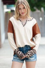 White Leopard Patchwork Notch Neck Thumbhole Long Sleeve Top (size: (US 16-18)XL)