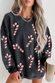 Black Xmas Candy Cane Shining Graphic Corded Sweatshirt (size: (US 16-18)XL)