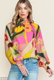 Multicolor Abstract Print Shirred Cuffs Boho Blouse (size: (US 16-18)XL)