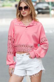 Pink Hollow Embroidery Patchwork Snap Button Sweatshirt (size: (US 16-18)XL)