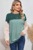 Dark Green Color Block Ribbed Loose Long Sleeve Top