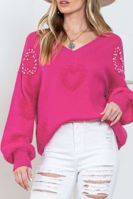 Rosy Heart Pattern Pearl Detail Drop Sleeve Knit Sweater (size: (US 16-18)XL)