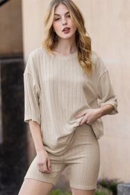 Apricot Ribbed Knit Drop Shoulder T Shirt & Shorts Two Piece Shorts Sets (size: (US 16-18)XL)