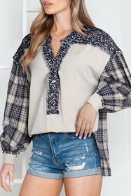 Dark Blue Floral Plaid Mixed Patchwork Bishop Sleeve Top (size: (US 16-18)XL)