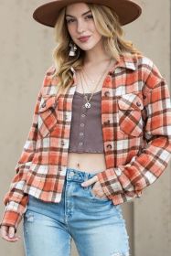 Orange Plaid Button-Up Flap Pocket Cropped Jacket (size: (US 16-18)XL)