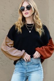 Black Colorblock Bishop Sleeve Exposed Seam Ribbed Trim Sweater (size: (US 16-18)XL)