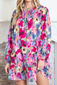 Multicolor Boho Floral Print Tie Neck Smocked Dress (size: (US 16-18)XL)