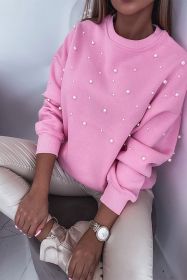 Pink Pearl Decor Ribbed Contrast Round Neck Sweatshirt (size: (US 16-18)XL)
