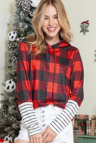 Red Plaid & Striped Patchwork Drawstring Hoodie (size: (US 16-18)XL)