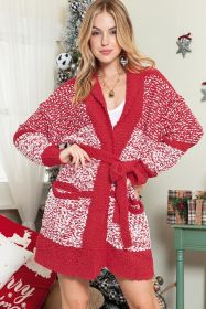 Red Contrast Trim Open Front Belted Long Cardigan (size: (US 16-18)XL)