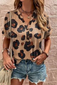 Light Beige Leopard Print Button V Neck T Shirt (size: (US 16-18)XL)