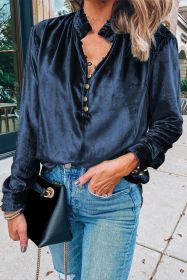 Navy Blue Frilled Buttoned V Neck Velvet Blouse (size: (US 16-18)XL)