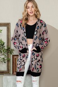 Multicolor Leopard Pocket Knit Long Open Front Cardigan (size: (US 16-18)XL)