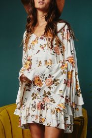 White Floral Layered Flounce Sleeve Ruffle Mini Dress (size: (US 16-18)XL)