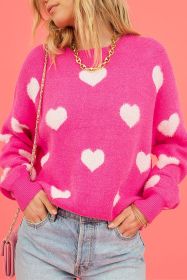 Bright Pink Fuzzy Valentine Hearts Drop Shoulder Sweater (size: (US 16-18)XL)