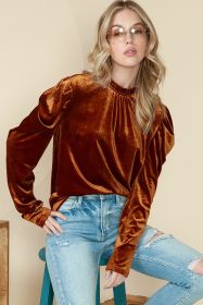 Chestnut Velvet Frilled Neck Ruched Puff Sleeve Top (size: (US 16-18)XL)