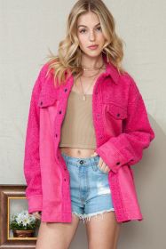 Rosy Faux Suede Sherpa Patchwork Button Up Shacket (size: (US 16-18)XL)