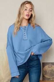 Light Blue Solid Patchwork Button Seam Trim Hoodie (size: (US 16-18)XL)