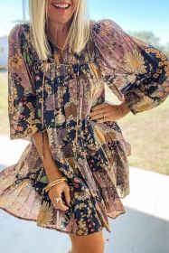 Purple Boho Floral Print Puff Sleeve Flowy Mini Dress (size: (US 16-18)XL)