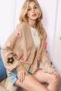 Smoke Gray 60s Floral Applique Drop Shoulder Bubble Sleeve Cardigan