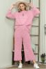 Pink Solid Color Quilted Long Sleeve Top and Pockets Pants Set