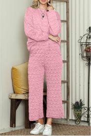 Pink Solid Color Quilted Long Sleeve Top and Pockets Pants Set (size: (US 16-18)XL)