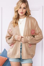 Smoke Gray 60s Floral Applique Drop Shoulder Bubble Sleeve Cardigan (size: (US 16-18)XL)