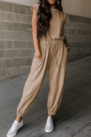 Light Beige Cap Sleeve Backless Drawstring Jogger Jumpsuit (size: (US 16-18)XL)