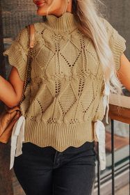 Light French Beige Hollowed Knit Scalloped Trim High Neck Sweater (size: (US 16-18)XL)