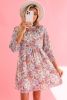 Purple Floral Boho Frilled Neck Shirred Cuffs Mini Dress