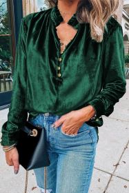 Blackish Green Frilled Neck Buttoned Front Velvet Top (size: (US 16-18)XL)