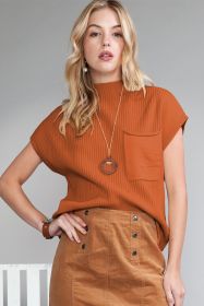 Gold Flame Patch Pocket Ribbed Knit Short Sleeve Sweater (size: (US 16-18)XL)