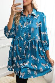 Blue Zebra Print Ruched Babydoll Dress (size: (US 16-18)XL)