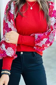 Fiery Red Mixed Animal Print Sleeve Ribbed Top (size: (US 16-18)XL)