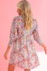 Purple Floral Boho Frilled Neck Shirred Cuffs Mini Dress