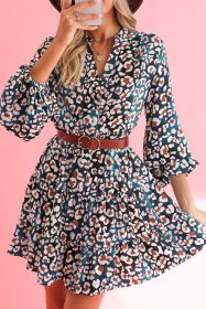 Blue Leopard Print Bubble Sleeve Ruffled Shirt Dress (size: (US 16-18)XL)