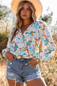 Light Blue Floral Print Boho Wrap V Neck Puff Sleeve Bodysuit (size: (US 8-10)M)