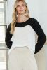 Black and White Color Block Waffle Knit Pullover Long Sleeve Top