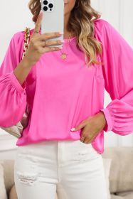 Pink Plain Satin Puff Long Sleeve Crewneck Blouse (size: (US 16-18)XL)