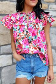 Rose Ruffle Flutter Sleeve Floral Print Blouse (size: (US 4-6)S)