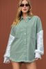 Green Cable Knit Patchwork Sleeve Raw Hem Shacket