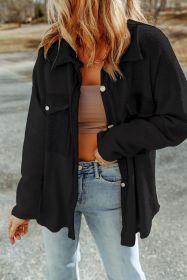 Black Plain Textured Button Up Shirt Shacket with Flap Pockets (size: (US 16-18)XL)