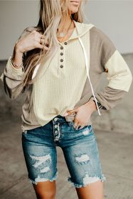 Apricot Button Front Color Block Waffle Knit Pullover Hoodie (size: (US 16-18)XL)