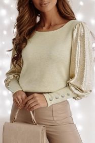 Khaki Buttoned Cuffs Shiny Leg-of-mutton Sleeve Top (size: (US 16-18)XL)